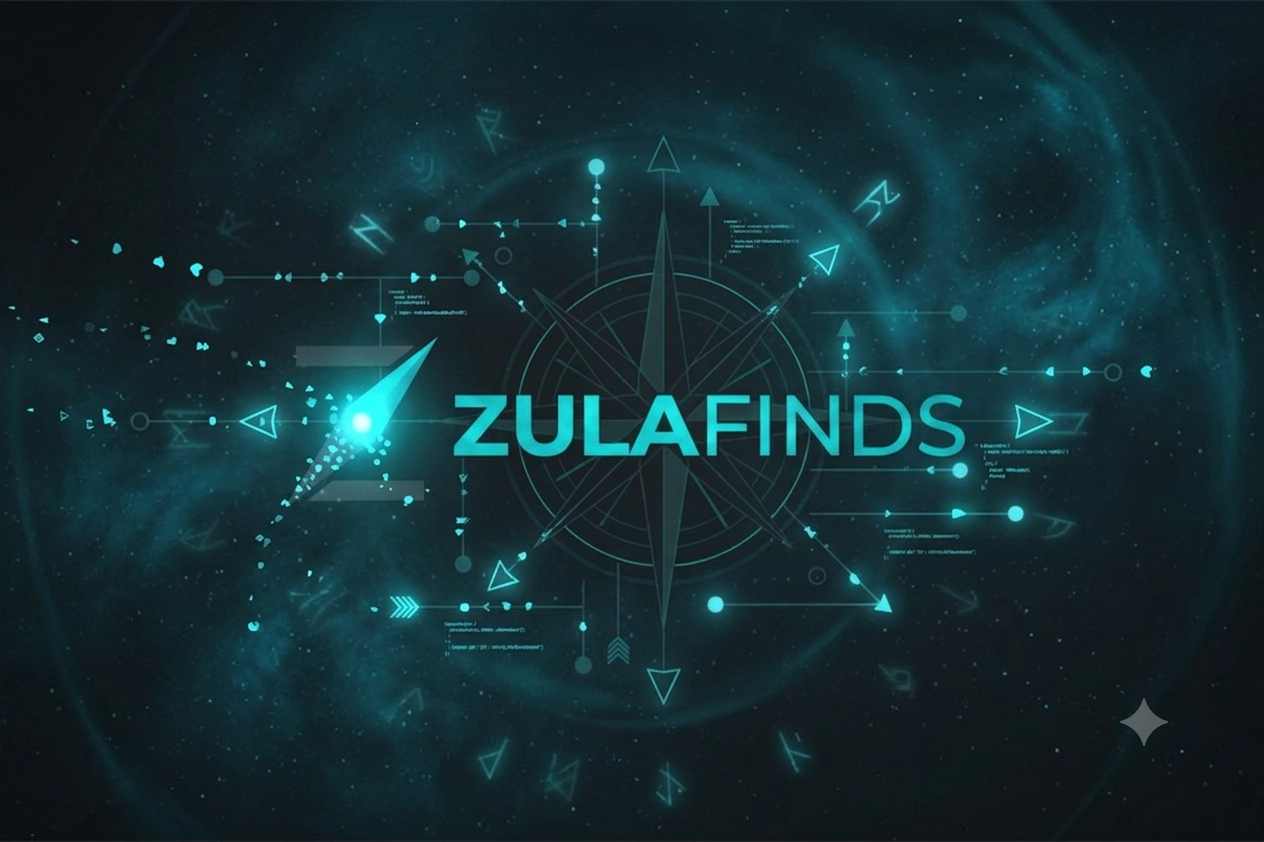 Digital graphic featuring the text 'ZULAFINDS' in glowing cyan letters, centered over a futuristic compass and starry cosmic design on a dark teal background.